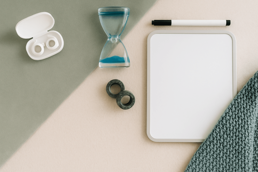 Flat lay image featuring regulation tools including noise-canceling headphones, a gravity timer, fidget tool and dry erase board, arranged neatly on a neutral background.
